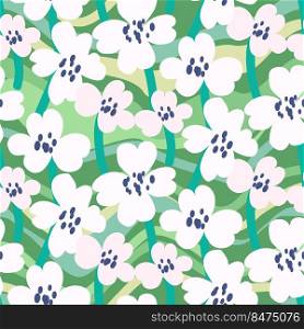 Bold white flowers on green spring seamless pattern. Dense floral summer background. Bold white flowers on green spring seamless pattern.