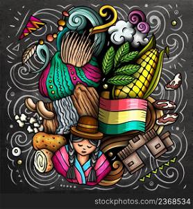 Bolivia cartoon vector doodle chalkboard illustration. Colorful detailed composition with lot of traditional symbols. Bolivia cartoon vector doodle chalkboard illustration