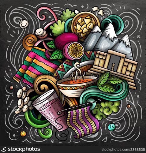 Bolivia cartoon vector doodle chalkboard illustration. Colorful detailed composition with lot of traditional symbols. Bolivia cartoon vector doodle chalkboard illustration