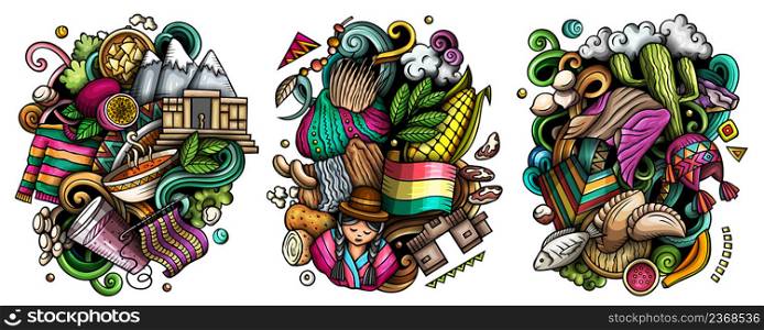 Bolivia cartoon vector doodle designs set. Colorful detailed compositions with lot of traditional symbols. Isolated on white illustrations. Bolivia cartoon vector doodle designs set.