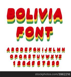 Bolivia font. Bolivian flag on letters. National Patriotic alphabet. 3d letter. State color symbolism Plurinational State of Bolivia. state in central part of South America