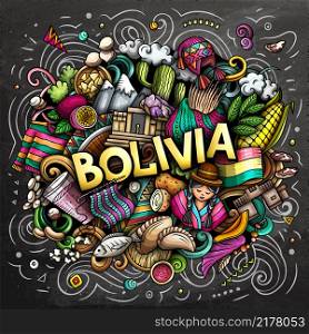 Bolivia hand drawn cartoon doodle illustration. Funny Bolivian design. Creative vector background. Handwritten text with Latin American elements and objects. Colorful composition. Bolivia hand drawn cartoon doodle illustration. Funny local design.