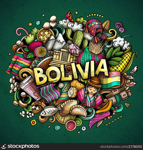 Bolivia hand drawn cartoon doodle illustration. Funny Bolivian design. Creative vector background. Handwritten text with Latin American elements and objects. Colorful composition. Bolivia hand drawn cartoon doodle illustration. Funny local design.