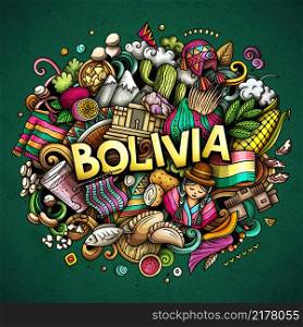 Bolivia hand drawn cartoon doodle illustration. Funny Bolivian design. Creative vector background. Handwritten text with Latin American elements and objects. Colorful composition. Bolivia hand drawn cartoon doodle illustration. Funny local design.