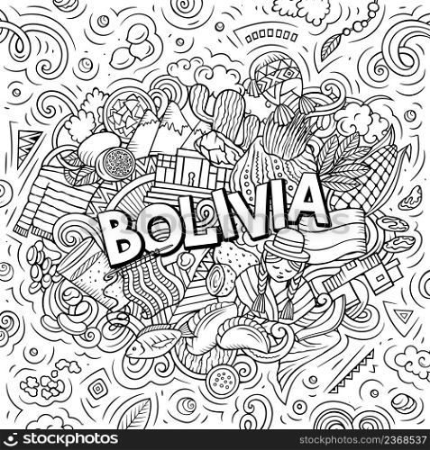 Bolivia hand drawn cartoon doodle illustration. Funny Bolivian design. Creative vector background. Handwritten text with Latin American elements and objects.. Bolivia hand drawn cartoon doodle illustration. Funny local design.