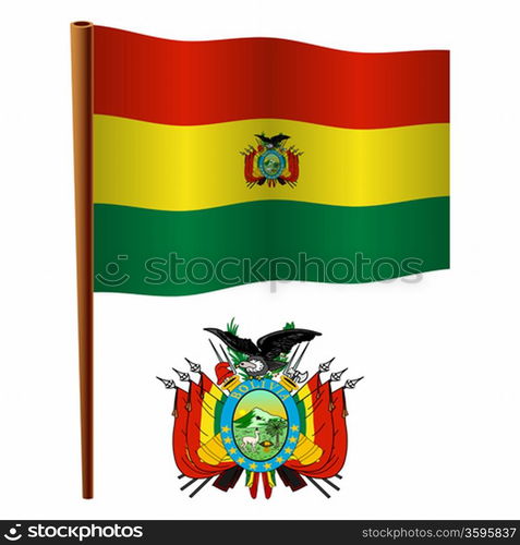 bolivia wavy flag and coat of arms against white background, vector art illustration, image contains transparency