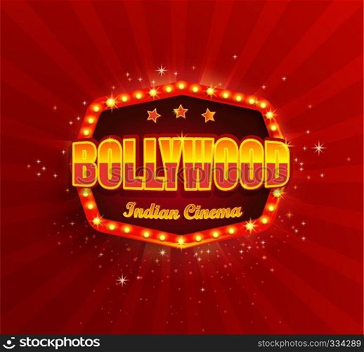 Bollywood Indian Cinema Film Banner,poster with retro light frame.Movie glowing Logo,symbol for your Design in retro vintage style.Template board with bulbs on red background.Bright signboard,lightbox. Bollywood Indian Cinema Film Banner