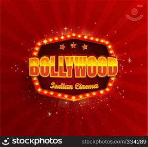 Bollywood Indian Cinema Film Banner,poster with retro light frame.Movie glowing Logo,symbol for your Design in retro vintage style.Template board with bulbs on red background.Bright signboard,lightbox. Bollywood Indian Cinema Film Banner