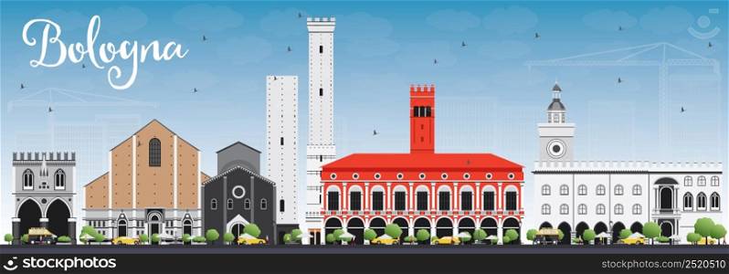 Bologna Skyline with Landmarks and Blue Sky. Vector Illustration. Business Travel and Tourism Concept with Historic Buildings. Image for Presentation Banner Placard and Web Site.