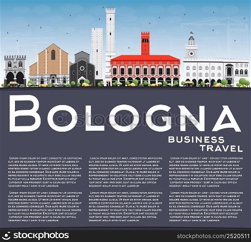 Bologna Skyline with Landmarks, Blue Sky and Copy Space. Vector Illustration. Business Travel and Tourism Concept with Historic Buildings. Image for Presentation Banner Placard and Web Site.