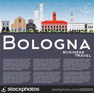 Bologna Skyline with Landmarks, Blue Sky and Copy Space. Vector Illustration. Business Travel and Tourism Concept with Historic Buildings. Image for Presentation Banner Placard and Web Site.