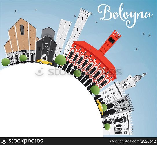Bologna Skyline with Landmarks, Blue Sky and Copy Space. Vector Illustration. Business Travel and Tourism Concept with Historic Architecture. Image for Presentation Banner Placard and Web Site.