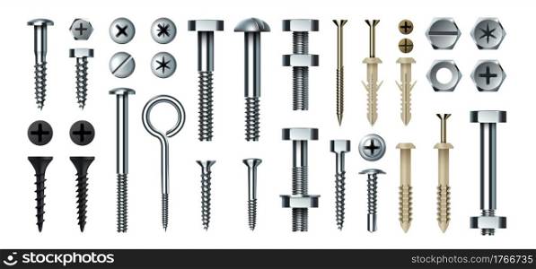 Bolt and screw. Realistic metal fasteners with nuts. 3D hardware assortment. Top and side view of different steel nail types. Isolated tools for building and repairs. Vector metallic self-tapping set. Bolt and screw. Realistic metal fasteners with nuts. 3D hardware assortment. Top and side view of different steel nail types. Tools for building and repairs. Vector self-tapping set