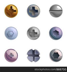 Bolt head icon set. Cartoon set of 9 bolt head vector icons for web design isolated on white background. Bolt head icon set, cartoon style