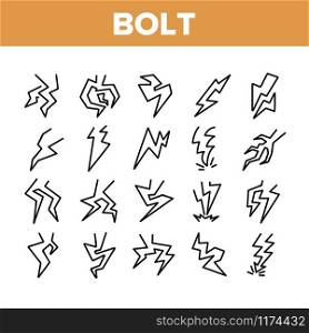 Bolt Lightning Flash Collection Icons Set Vector Thin Line. Electric Thunderbolt And Dangerous Lighting Bolt In Different Form Concept Linear Pictograms. Monochrome Contour Illustrations. Bolt Lightning Flash Collection Icons Set Vector