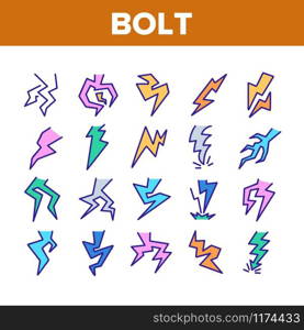 Bolt Lightning Flash Collection Icons Set Vector Thin Line. Electric Thunderbolt And Dangerous Lighting Bolt In Different Form Concept Linear Pictograms. Color Contour Illustrations. Bolt Lightning Flash Collection Icons Set Vector