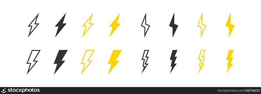 Bolt lightning set icon. Yellow and black cartoon sign symbol. Vector isolated illustration