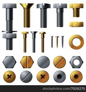 Bolts and screws. Washer nut hardware rivet screw and bolt. Chrome fasteners isolated vector illustrations set. Bolts and screws. Washer nut hardware rivet screw and bolt. Chrome fasteners isolated vector set