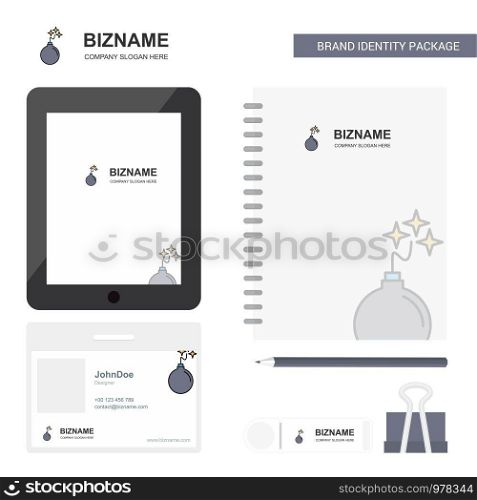 Bomb Business Logo, Tab App, Diary PVC Employee Card and USB Brand Stationary Package Design Vector Template