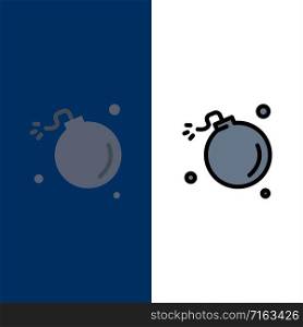 Bomb, Comet, Explosion, Meteor, Science Icons. Flat and Line Filled Icon Set Vector Blue Background