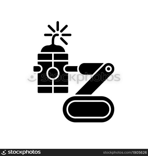 Bomb defusing robots black glyph icon. Control from safe distance. Explosive ordnance remote disposal. Tactical robot. Bomb detection. Silhouette symbol on white space. Vector isolated illustration. Bomb defusing robots black glyph icon