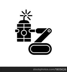 Bomb defusing robots black glyph icon. Control from safe distance. Explosive ordnance remote disposal. Tactical robot. Bomb detection. Silhouette symbol on white space. Vector isolated illustration. Bomb defusing robots black glyph icon