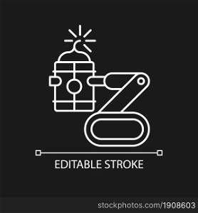 Bomb defusing robots white linear icon for dark theme. Explosive ordnance remote disposal. Thin line customizable illustration. Isolated vector contour symbol for night mode. Editable stroke. Bomb defusing robots white linear icon for dark theme