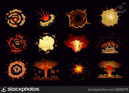 Bomb explosion. Motion abstract blast fire and clouds exploded vector cartoon collection. Set of explosion illustration effect. Bomb explosion. Motion abstract blast fire and clouds exploded vector cartoon collection