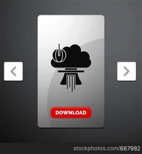 Bomb, explosion, nuclear, special, war Glyph Icon in Carousal Pagination Slider Design & Red Download Button. Vector EPS10 Abstract Template background