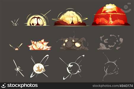 Bomb Explosion Retro Cartoon Icons Collection . Bomb explosion freeze frame still images collection 3 sets with black background retro cartoon isolated vector illustration