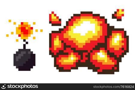 Bomb explosion vector, isolated set of pixel art game. Detonation pixelated icons dangerous substances weapons for attack and protection 8 bit graphics. Explosion Bomb with Fire, Pixelated Icons Set