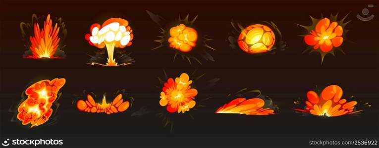 Bomb explosions, fire bursts and atomic mushroom cloud isolated on black background. Vector cartoon set of blasts with flame and flash from dynamite, nuclear weapon or rocket. Bomb explosions, fire bursts, blast