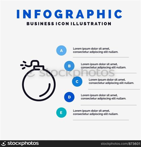 Bomb, Explosive, Explosion Blue Infographics Template 5 Steps. Vector Line Icon template