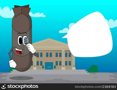 Bomb holding a magnifying glass. Missile, explosive as funny cartoon character. War, Military concept.
