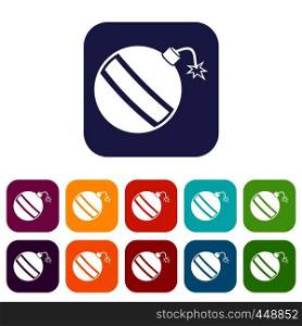 Bomb icons set vector illustration in flat style In colors red, blue, green and other. Bomb icons set flat