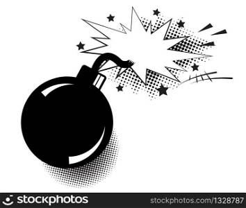 Bomb in pop art style and comic speech bubble with text - BOOM! Cartoon dynamite at background with dots halftone and sunburst.