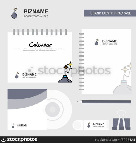 Bomb Logo, Calendar Template, CD Cover, Diary and USB Brand Stationary Package Design Vector Template