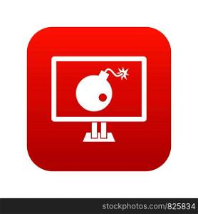 Bomb on computer monitor icon digital red for any design isolated on white vector illustration. Bomb on computer monitor icon digital red