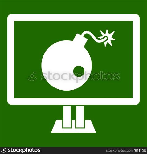 Bomb on computer monitor icon white isolated on green background. Vector illustration. Bomb on computer monitor icon green