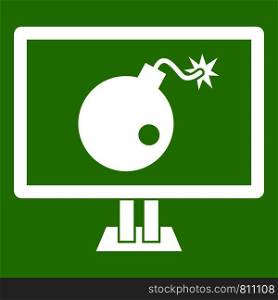 Bomb on computer monitor icon white isolated on green background. Vector illustration. Bomb on computer monitor icon green