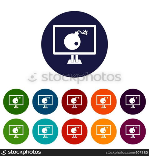Bomb on computer monitor set icons in different colors isolated on white background. Bomb on computer monitor set icons