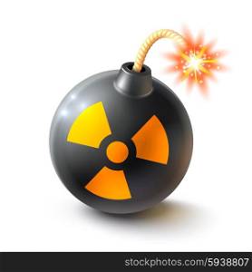 Bomb Realistic Illustration . Black round bomb with radioactive sign and burning fuse realistic isolated vector illustration