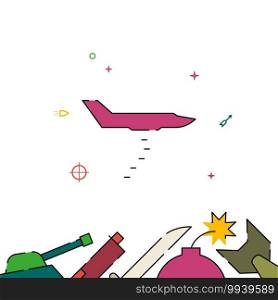 Bomber and falling bombs filled line vector icon, simple illustration, weapon related bottom border.. Bomber and falling bombs filled line icon, simple illustration