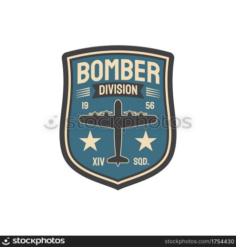 Bomber division army chevron insignia of interceptor plane squad isolated military patch with aviation plane. Vector military aircraft, wwii plane, supermarine spitfire, airplane jet fighter. Interceptor squad chevron insignia bomber division