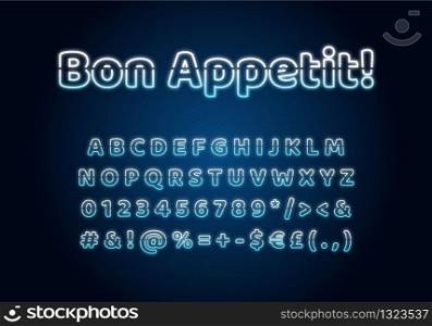 Bon app?tit neon light font template. Blue illuminated vector alphabet set. Bright capital letters, numbers and symbols with outer glowing effect. Nightlife typography. Restaurant typeface design
