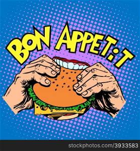 Bon appetit Burger sandwich is delicious fast food pop art retro style. Bon appetit Burger sandwich is delicious fast food