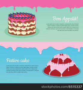 Bon Appetit. Festive Cake Web Banner. Chocolate. Bon appetit. Festive cake web banner. Chocolate cake bakery isolated design flat. Birthday cake, dessert and cookies, sweet confectionery, delicious cream, tasty pastry cake. Vector illustration