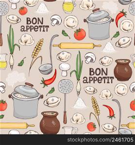 Bon Appetit seamless background pattern with scattered ingredients and kitchen utensils for making Italian ravioli pasta in square format suitable for wallpaper wrapping paper and fabric