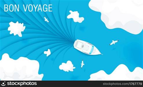 Bon voyage. Blue sea and clear sky top view with a sailing yacht. Paper art design. Vector illustration. Bon voyage. Blue sea and clear sky top view with a sailing yacht. Paper art design. Vector template