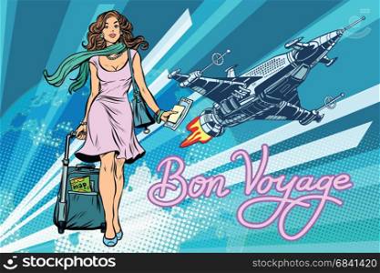 Bon voyage space travel, space tourism. Pretty girl passenger with Luggage. Pop art retro vector illustration. Bon voyage space travel, space tourism